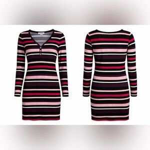 Planet Gold Striped Rib Knit V-Neck Bodycon Dress Long Sleeve